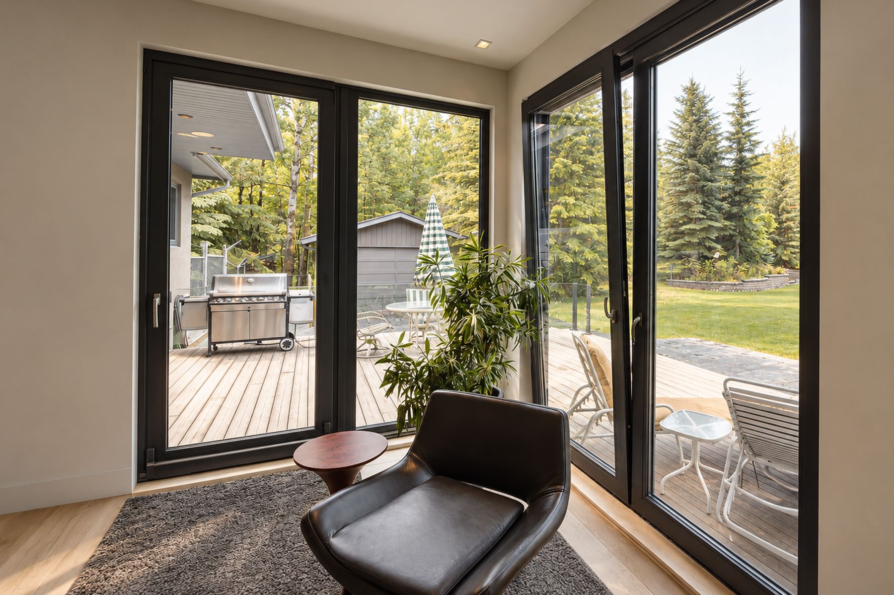 TrueCrankless door opened onto a lakeside deck